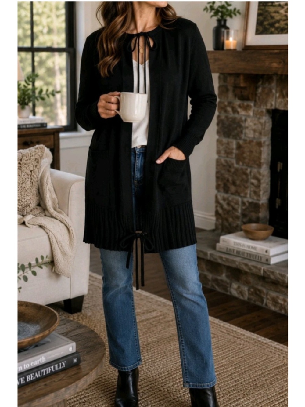 Cabi Black Cotton Long Open Cardigan Sweater Ties Pockets Size M Classic Capsule